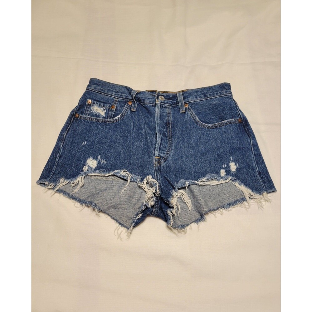 Levi's 501 Women's Denim Datl Blue Shorts Super Distressed Button Fly Size Large